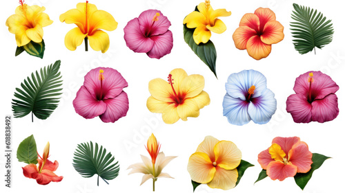 collection of tropical beach flowers isolated on a transparent background, generative ai