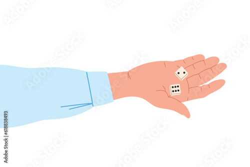 Wallpaper Mural Male cartoon hand in a shirt holding playing dice on the palm, top view. Board games concept. Vector isolated flat illustration. Torontodigital.ca