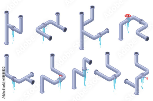 Leaking pipes isometric set. Broken pipe tube with leaking water. Plumbing construction pipeline with damage element. 3d industrial water system