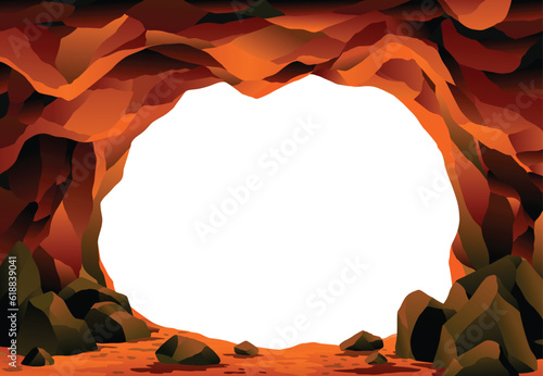 Cave landscape. Stone cave entrance with empty white space inside. Prehistoric dungeon entrance, rock cavern game illustration. Vector image of tunnel in mountain or mine in rocks