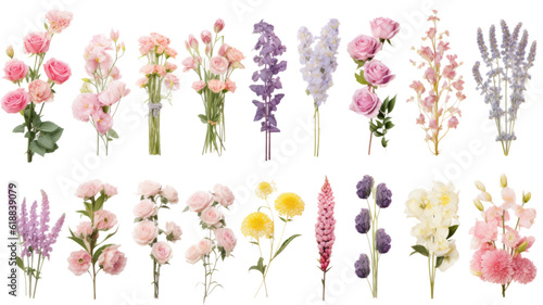 collection of soft pastel bouquets of soft pastel flowers isolated on a transparent background, generative ai