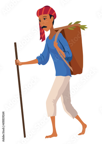 Indian farmer in traditional clothes. Rural man collect or harvesting. Rural business and village concept. Village rural character worker. Isolated vector illustration