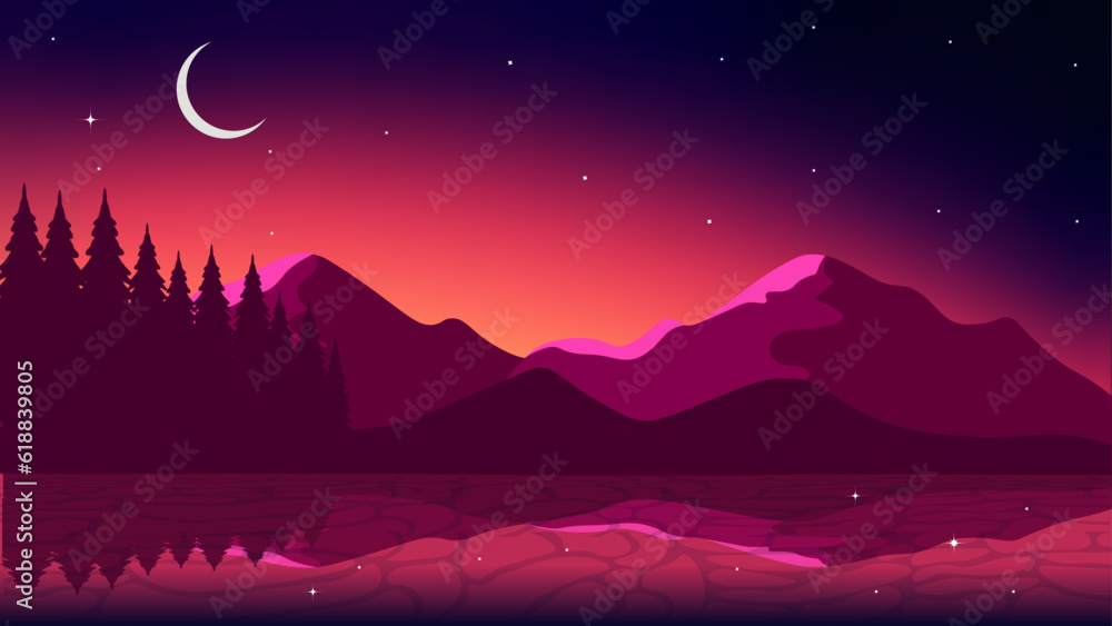 night landscape with mountains and moon