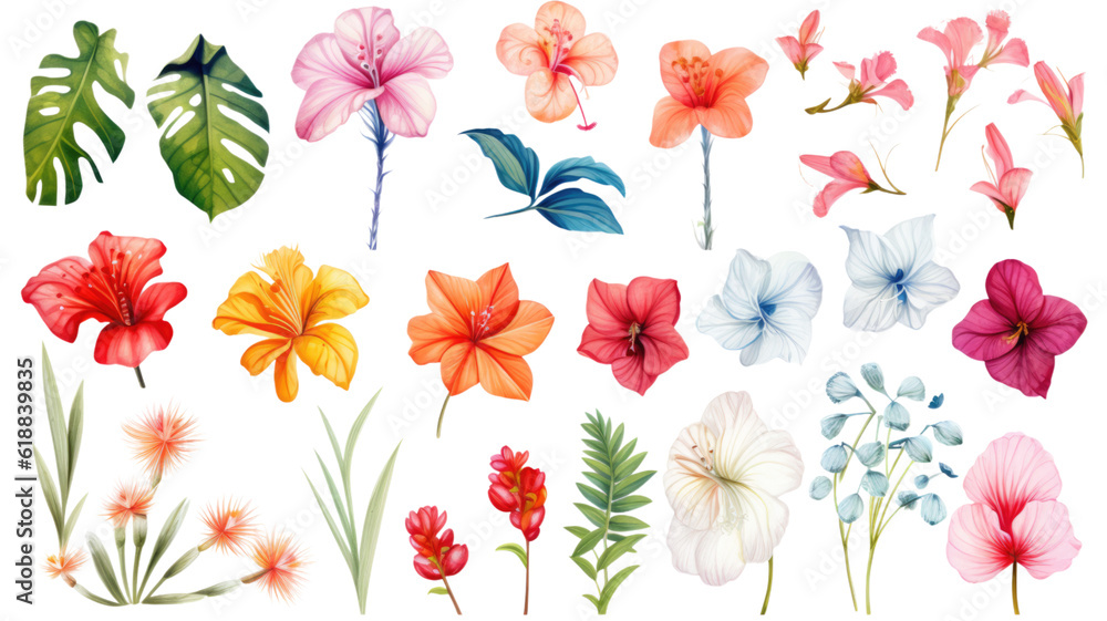 collection of hand drawn tropical beach flowers isolated on a transparent background, generative ai