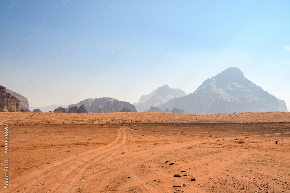 Arabian desert. Wadi Rum. Space landscape. Footprints in the sand. Filming location for many science fiction films.