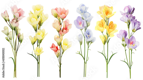 collection of soft pastel freesia flowers isolated on a transparent background, generative ai © Perfect PNG