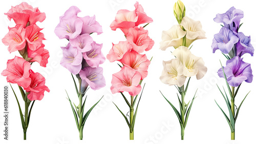 collection of soft pastel gladiolus flowers isolated on a transparent background, generative ai