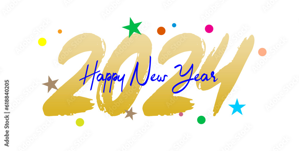 Happy New Year 2024 brush painted text effect calligraphic. Vector illustration background for new year's and happy wishes with stars and balls