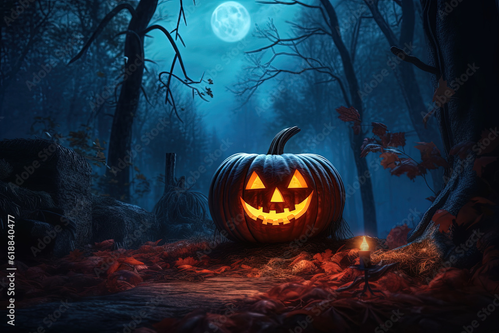 Fototapeta premium Spooky Halloween Pumpkin Design Jack O Lantern - Generative Ai