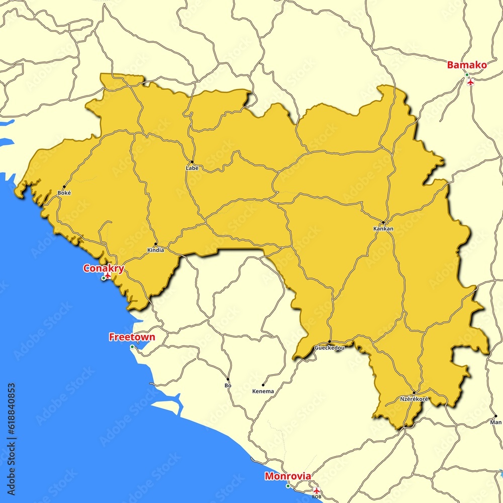 Obraz premium Map of Guinea with main roads and highways