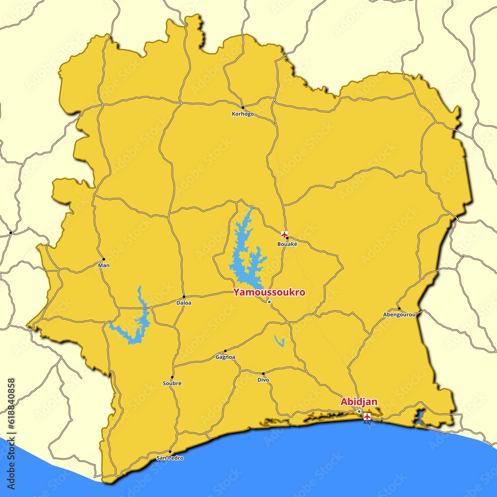 Obraz premium Map of Ivory Coast with main roads and highways