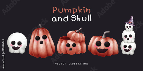 Happy Halloween Day with Watercolor Pumpkin and Skull