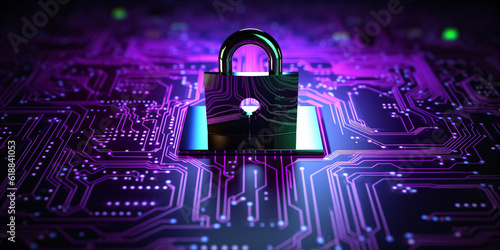 Cyber security concept. Padlock on circuit board background neon purple created with AI 