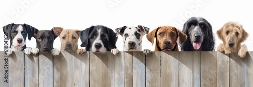 Smiling cute dogs of different breeds peek out from behind a wooden fence. Banner with animals. Generative AI 