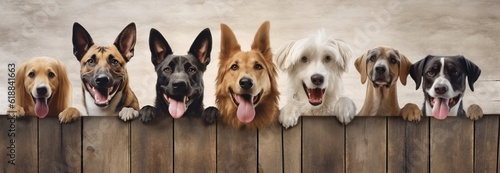 Smiling cute dogs of different breeds peek out from behind a wooden fence. Banner with animals. Generative AI  © Marynkka_muis