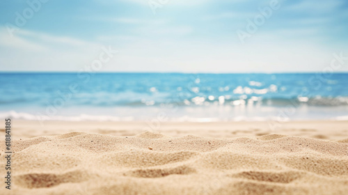Sandy beach on sunny day with blue sea and sky background.Tourism travel concept.Summer background concept.Concept of copy space for text or product mockup.