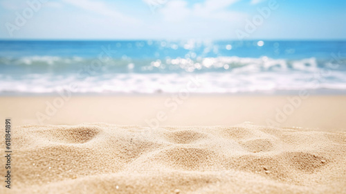 Closeup of sand on the beach with blue sky and sea background. Tourism travel concept. Summer background concept. Concept of copy space for text or product mockup.