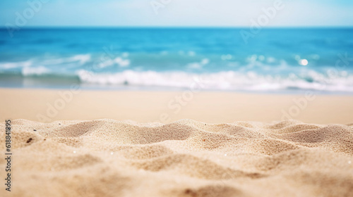 Closeup of sand on the beach with blue sea and sky background. Tourism travel concept. Summer background concept. Concept of copy space for text or product mockup.