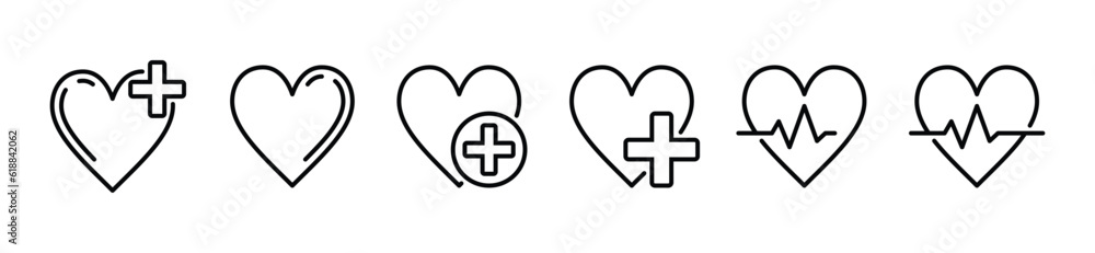 Obraz premium Medical health care icon set. Heart, Heartbeat, love, heart beat pulse icon symbol in line style on white background with editable stroke for apps and websites. Vector illustration