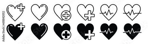 Medical health care icon set. Heart, Heartbeat, love, heart beat pulse icon symbol in line and flat style on white background with editable stroke for apps and websites. Vector illustration