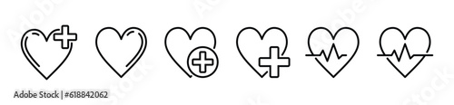 Medical health care icon set. Heart, Heartbeat, love, heart beat pulse icon symbol in line style on white background with editable stroke for apps and websites. Vector illustration