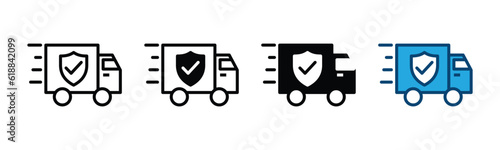 Delivery truck icon vector. Fast delivery or shipping insurance icon. Quick moving truck with shield protection icon symbol in line and flat style on white background for apps and website