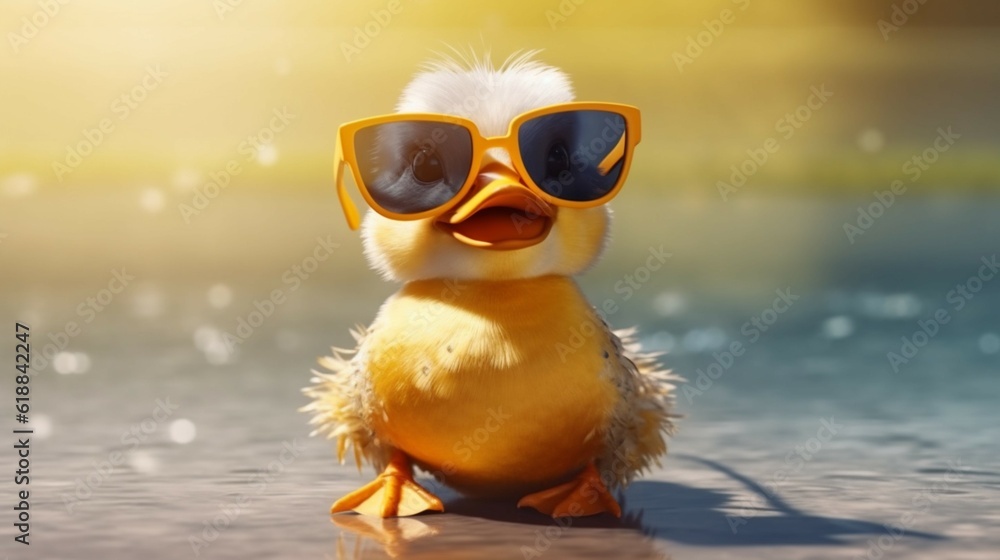Funny cute duck in sunglasses with happy emotion.Generative AI Funny cute duck in sunglasses with happy emotion.Generative AI