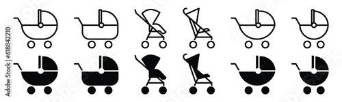 Baby stroller icons vector set. Children and baby carriage icon collection in line and flat style on white background with editable stroke for apps and websites. Vector illustration