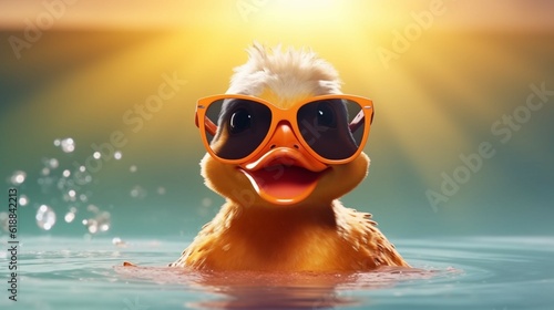 Funny cute duck in sunglasses with happy emotion.Generative AI © sudipdesign