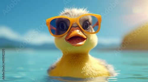 Funny cute duck in sunglasses with happy emotion.Generative AI