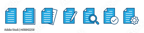 Paper documents icons. File, paper, check, pen, setting, search agreement document icon symbol in color style on white background for apps and websites. Vector illustration
