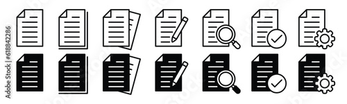 Paper documents icons. File, paper, check, pen, setting, search agreement document icon symbol in line and flat style on white background for apps and websites. Vector illustration