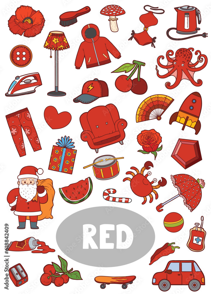 Colorful set of red color objects. Visual dictionary for children about the basic colors Stock