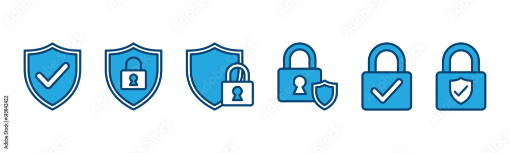 Security shield icons set in color style. Secure icon. Shield protection with check mark and padlock symbol on white background with editable stroke for apps and websites. Vector illustration Security shield icons set in color style. Secure icon. Shield protection with check mark and padlock symbol on white background with editable stroke for apps and websites. Vector illustration