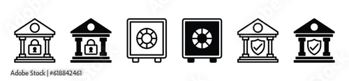 Bank safe and safe vault icons set in line and flat style. Secure boxes, safe box, money protection, bank with shield and padlock symbol on white background. Vector illustration