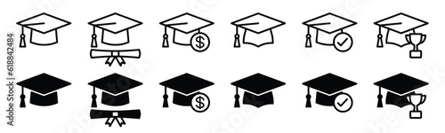 Graduation cap line and flat icon. Student hat, Academic cap with check mark, trophy, diploma or certificate, insurance icon. Education symbol. Vector illustration 