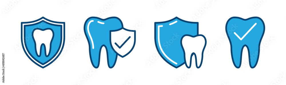 Dental insurance icon set. Tooth with shield and check mark symbol. Vector illustration Dental insurance icon set. Tooth with shield and check mark symbol. Vector illustration