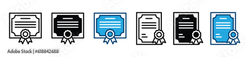 Certificate document icons in line and flat style. Certification, license icon symbol on white background. Vector illustration
