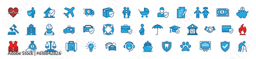 Insurance icons set in colors style. Insurance icon collection with editable stroke. Home, health, family, document, protection, money, agreement, business, safety, property, accident and other.