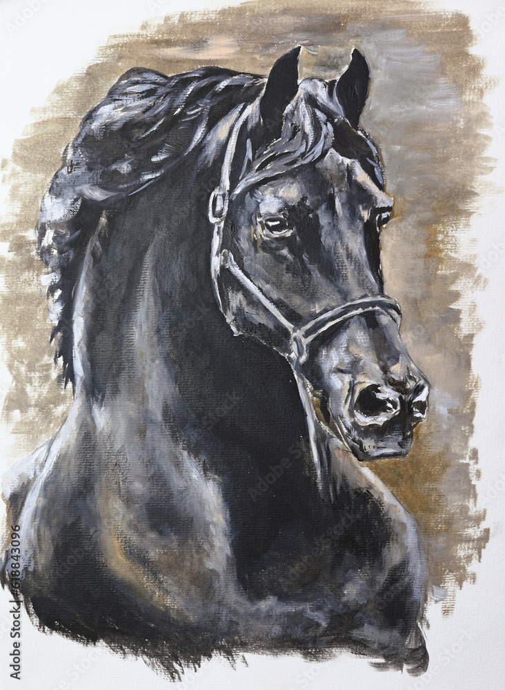 Acrylic portrait of a black horse with a silver mane