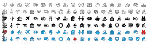 Insurance icons set in thin line, flat, colors style. Insurance icon collection with editable stroke. Home, health, family, document, money, agreement, business, safety, property, accident and other.