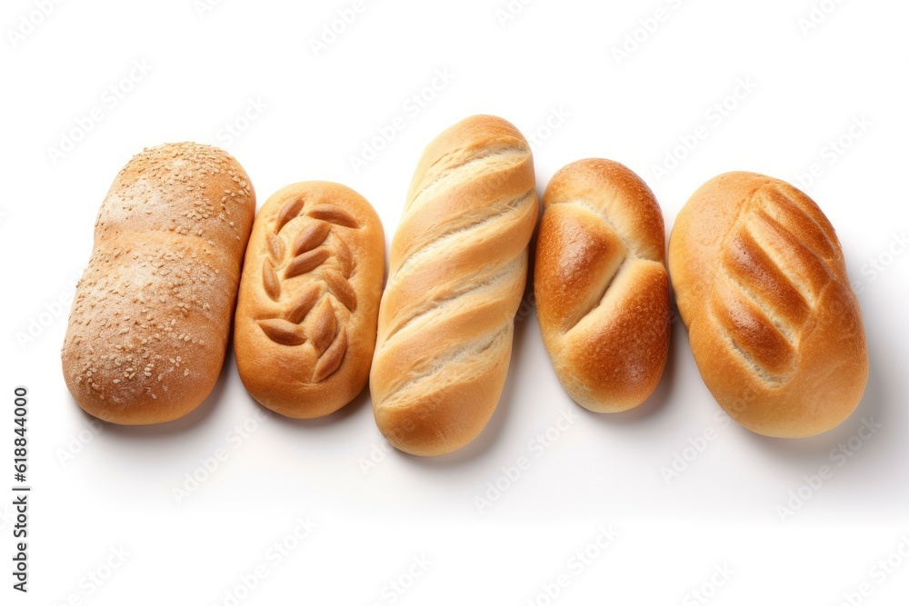 Four different types of bread on a white background created with Generative AI technology