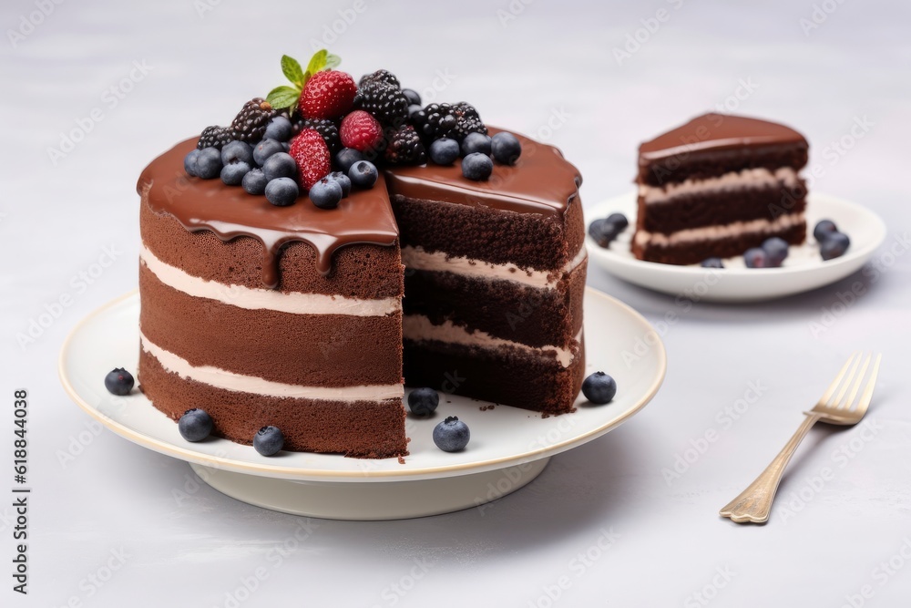 A slice of chocolate cake with berries on top created with Generative AI technology A slice of chocolate cake with berries on top created with Generative AI technology
