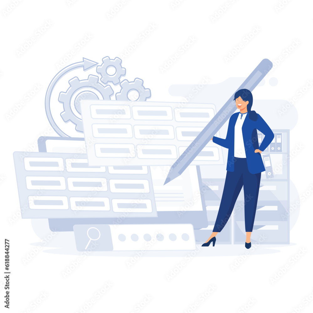 woman working with big data and databases, Office worker making analysis and report with spreadsheets on computer, flat vector modern illustration woman working with big data and databases, Office worker making analysis and report with spreadsheets on computer, flat vector modern illustration