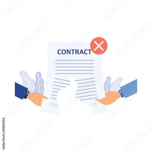 Cancellation of a contract. Two man on suit tearing contract, flat vector modern illustration