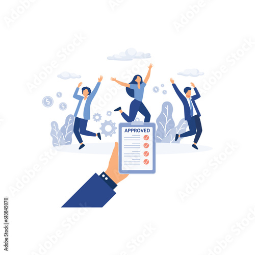 Mortgage or credit form with stamp approved and happy person jumping, flat vector modern illustration