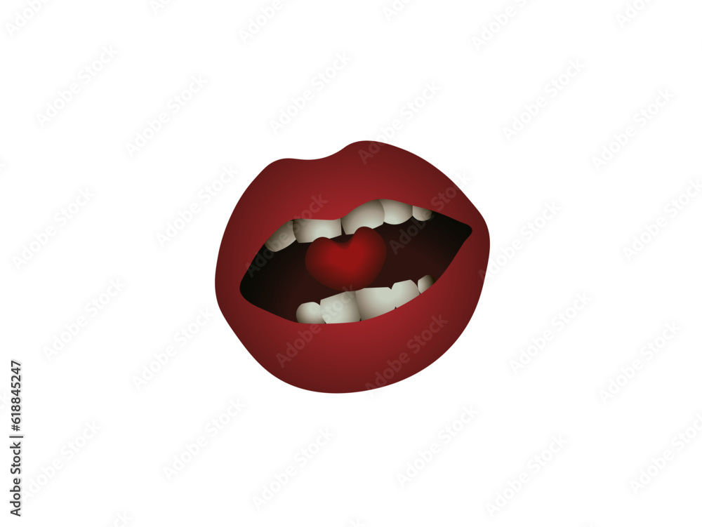 Cartoon female lips with a heart in their teeth. Vector illustration isolated on white background Cartoon female lips with a heart in their teeth. Vector illustration isolated on white background