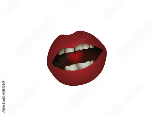 Cartoon female lips with a heart in their teeth. Vector illustration isolated on white background