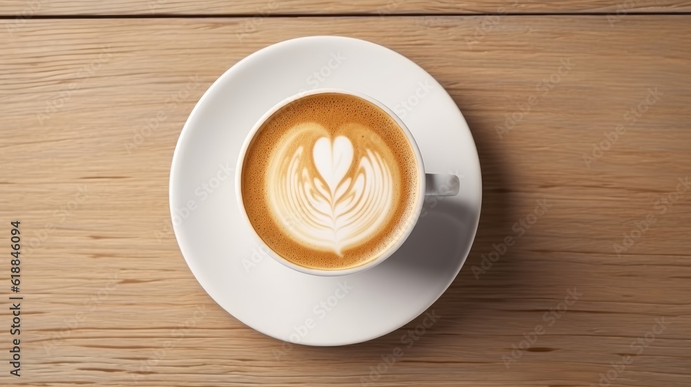 Hot latte top view on wooden background. Generative Ai Hot latte top view on wooden background. Generative Ai