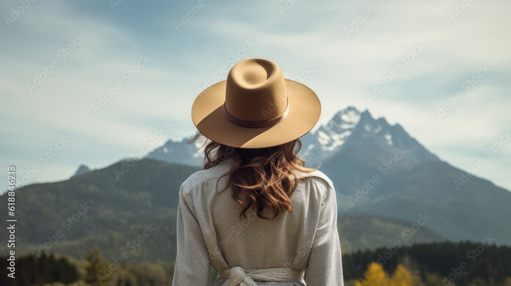 Obraz premium A young woman wearing a hat stands back and looking at the beautiful scenery of the mountains.Generative Ai